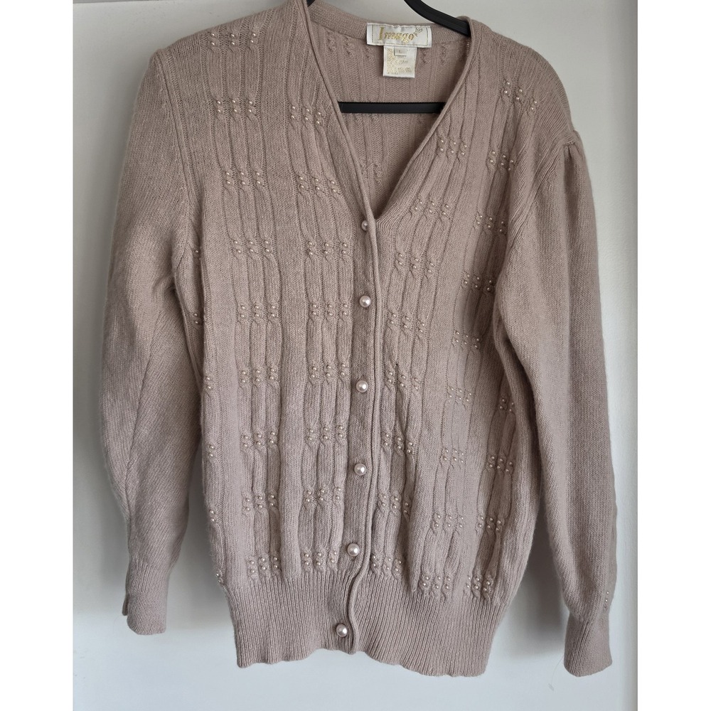 VTG Imago Cardigan Womens L Taupe Wool Rabbit Hair Ribbed Pearl Embellished Knit